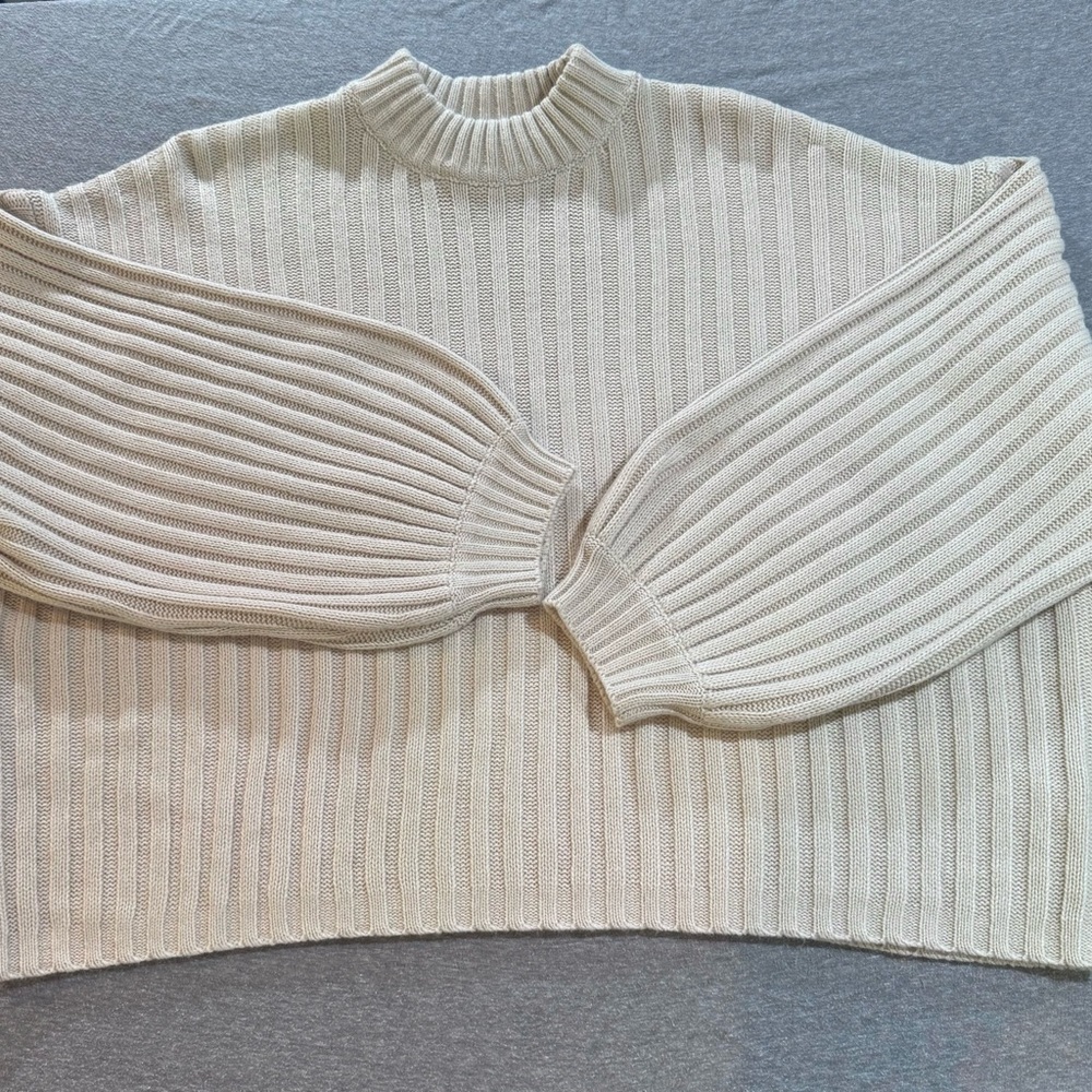 PRINCESS Polly Xx Pastel Pink/Tan Cropped Boxy Blouson Sleeve Knit Sweater M/L